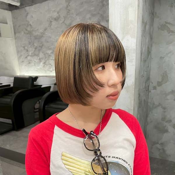 マッシュボブ/顔まわりデザインカット/ローライトカラー