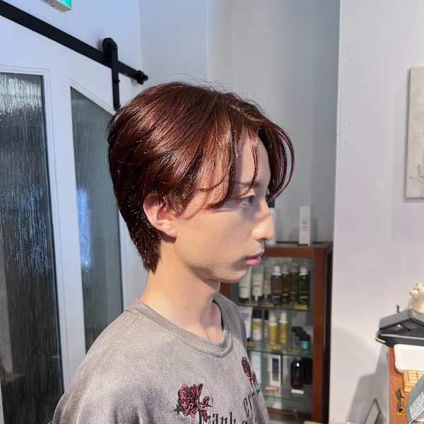 メンズ毛流れセンターパート/赤髪/レッドカラー/メンズヘア