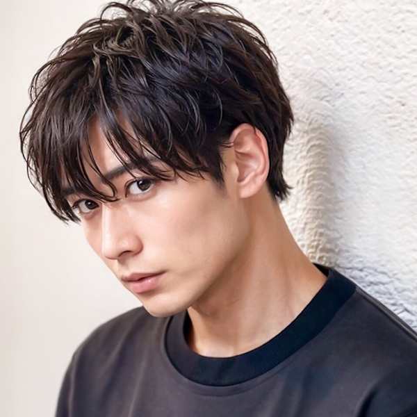 ブルーブラック　フェザーパーマ　サーフカール　センターパート