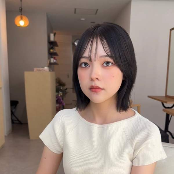 ★韓国ヘアタッセルボブ前髪顔周り黒髪縮毛矯正