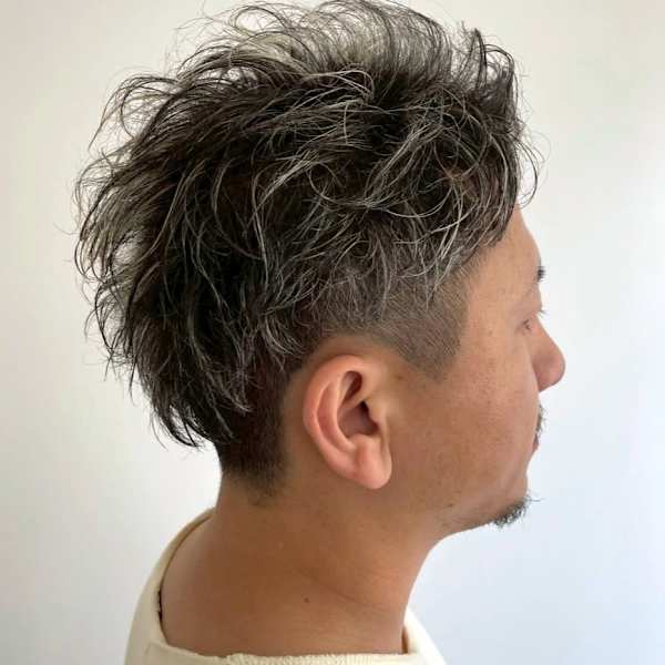 白髪ぼかしハイライト オールバック メンズパーマ 40代