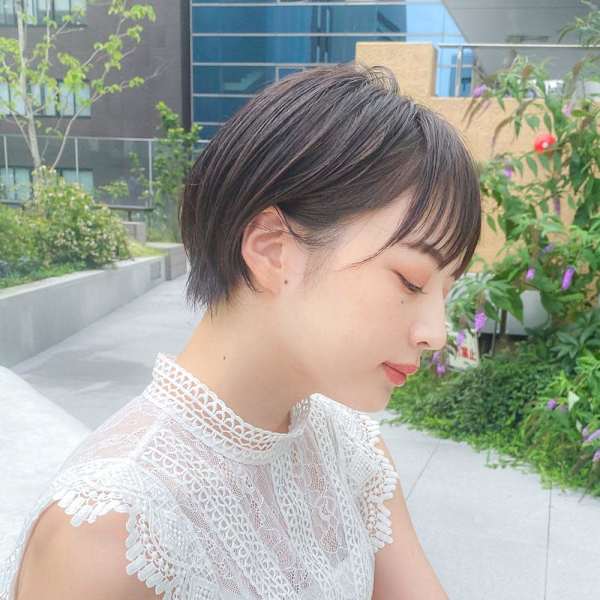 コンパクト丸みショート/耳掛けマッシュショート/暗髪