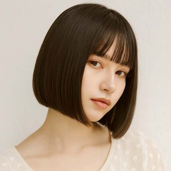 丸みボブ 前髪カットアッシュブラウン 切りっぱなしボブ 艶髪|福岡 オーガニックカラー miroa