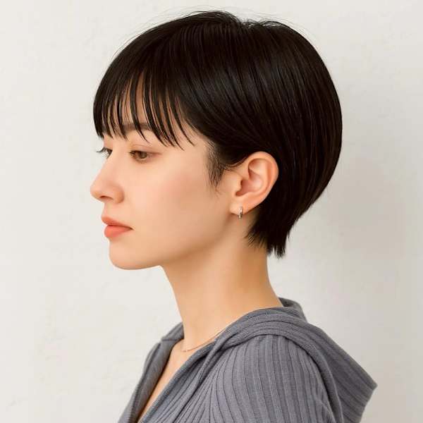 大人ショート 黒髪 前髪カット 顔周りカット 似合わせ 艶髪|福岡 オーガニックカラー miroa