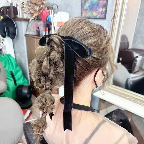 【ヘアセット】ボリューム編みおろし×ベルベットリボン