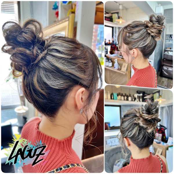 高めにつまみ出したもこもこっとしたシニヨン風アレンジ