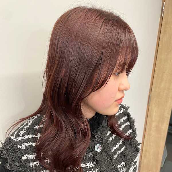 レイヤーカットロング暖色カラー＊ピンクレッドサイドバング