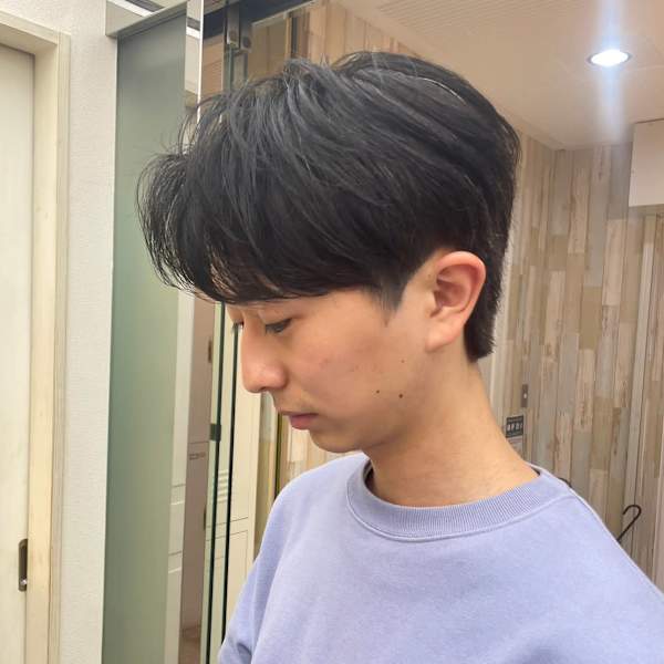 メンズカットハイライトマッシュパーマウルフアッシュブラック|newi 広島