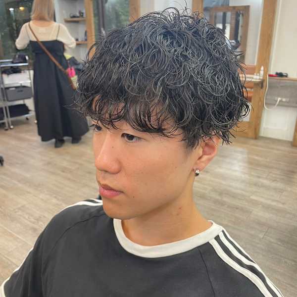 メンズカットハイライトマッシュパーマウルフアッシュブラック|newi 広島