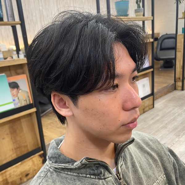 メンズカットハイライトマッシュパーマウルフアッシュブラック|newi 広島