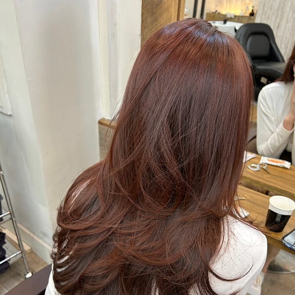 髪質改善艶髪暖色オレンジブラウングレージュレイヤーロング