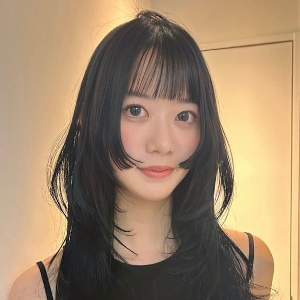 福井レイヤーカット韓国風前髪顔周りカットハッシュカット黒髪