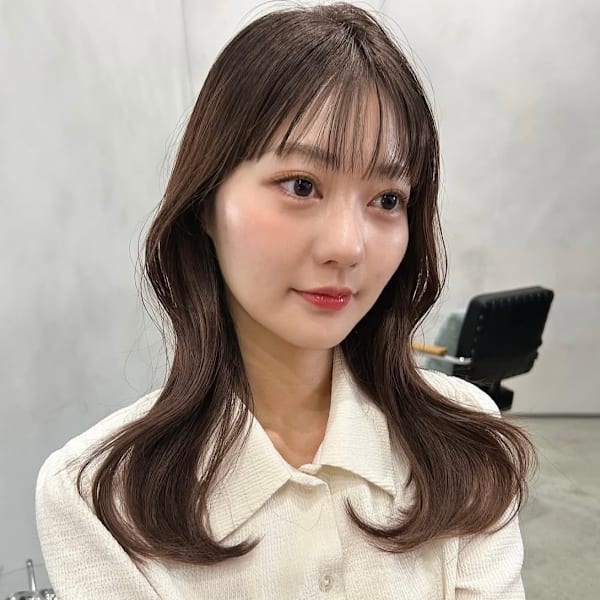 福井くびれ韓国風ヘア顔周りカットシースルーぱっつんグレージュ