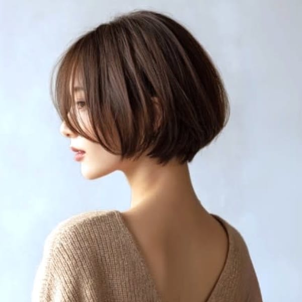 ショートボブ 顔周りカット 前髪なし ブラウンカラー 30代|hair salon Rich 横須賀中央店