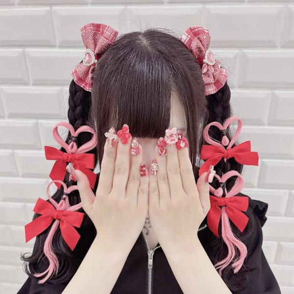 ピンクエクステ2連ハートツイン*まゆ