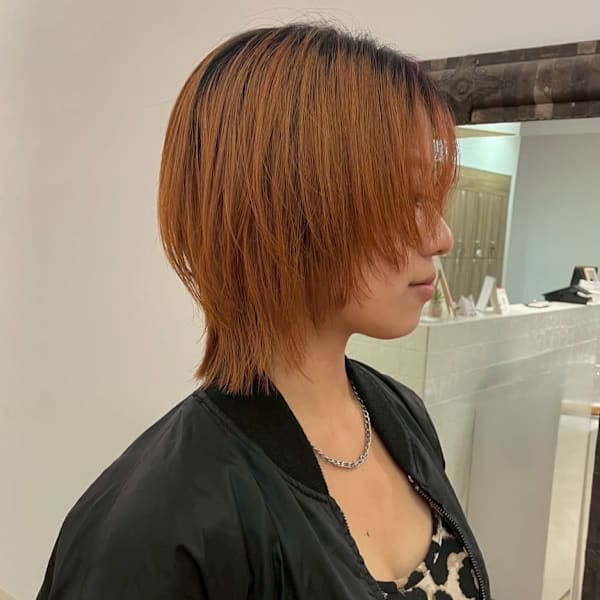 顔周りカット ウルフレイヤー ダブルカラー オレンジブラウン