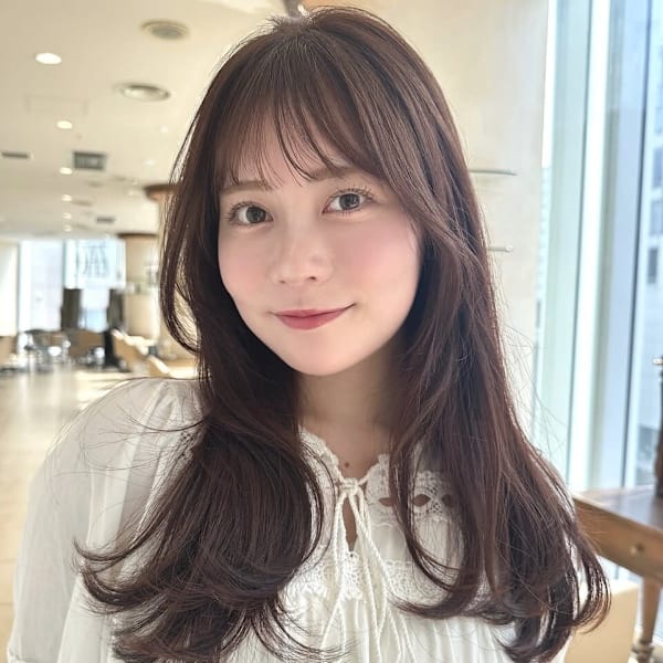 ロングレイヤー/チェリーブラウン/流し前髪/シースルーバング