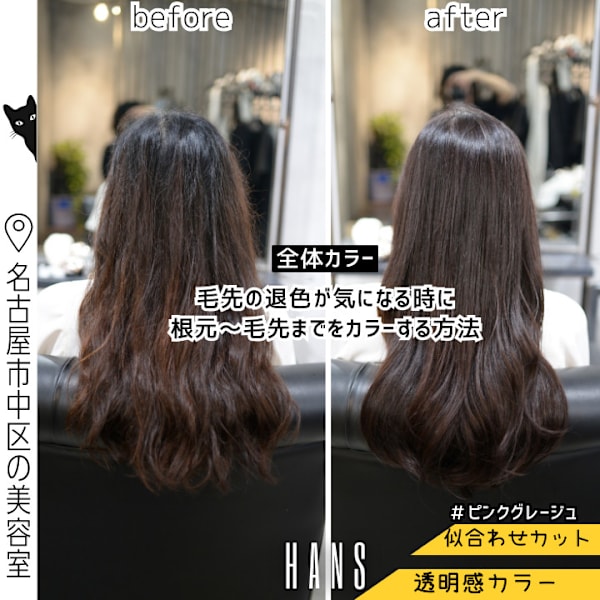 全体カラー｜退色した毛先にもカラーオンしてツヤ感UP◎|HANS 名古屋 伏見