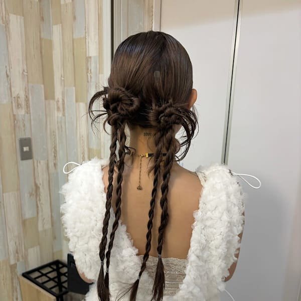 結婚式お呼ばれヘア/個性派ツイン/お団子/編み下ろし/ヘアセ