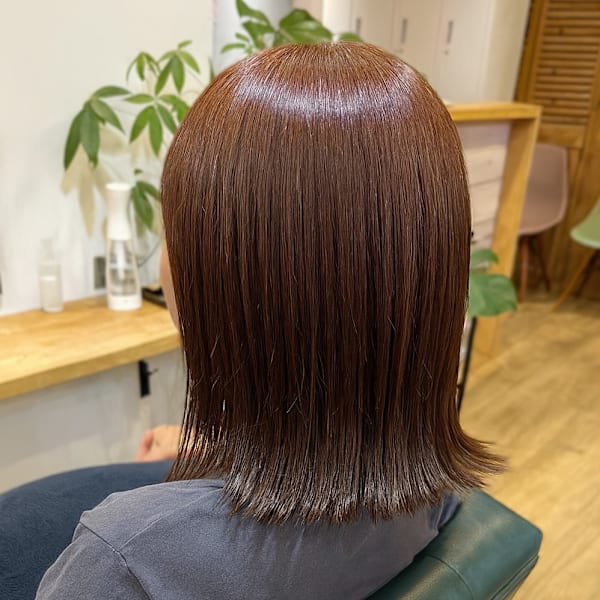 オレンジブラウン 暖色カラー 外ハネボブ 切りっぱなしボブ|hair salon Rich 横須賀中央店