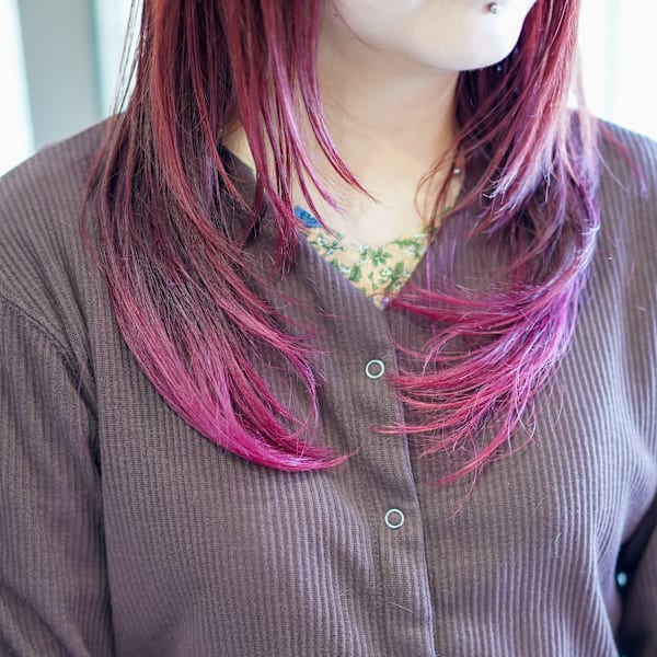 レッドブラウン×ピンクグラデーション シャギーロング
