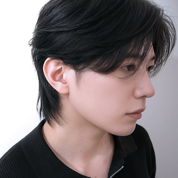 メンズセンターパートウルフニュアンスパーマ緩め