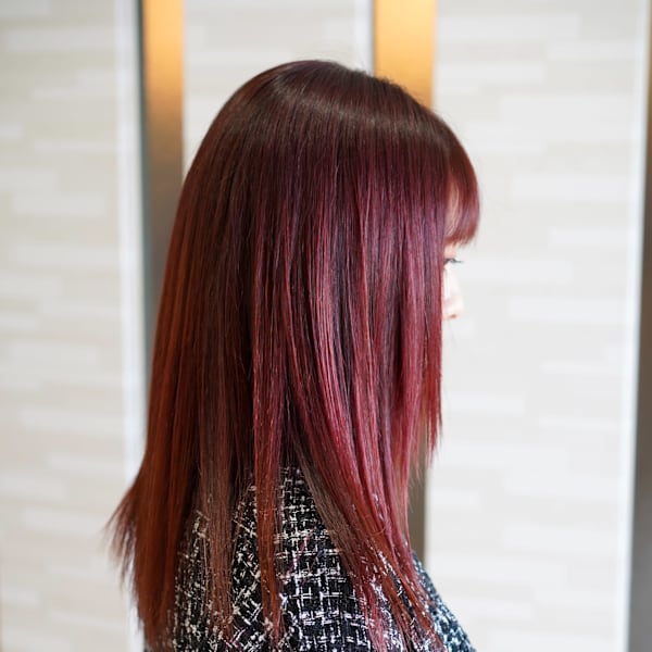 縮毛矯正×ディープチェリーレッド×ストレートロング
