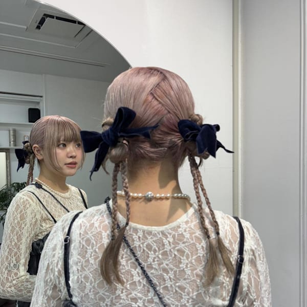 ツインヘアアレンジ/リボンヘア/三つ編みヘア/編み下ろしヘア