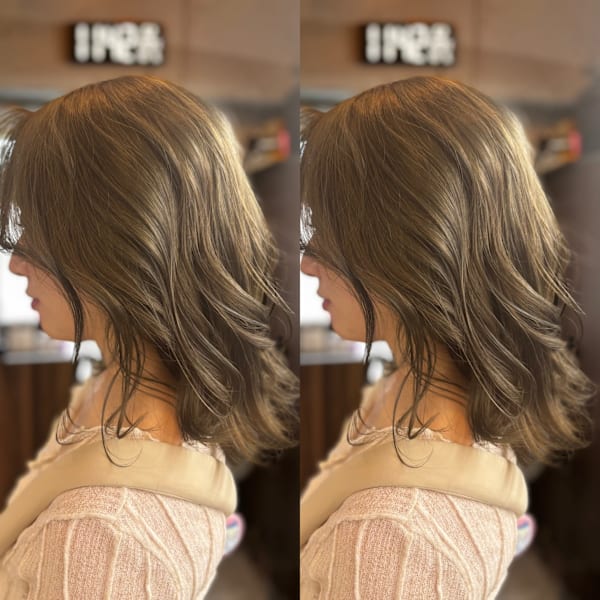 顔周りレイヤー顔まわりカットオリーブグレージュ