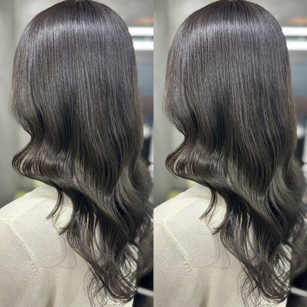 顔周りレイヤー顔まわりカットオリーブグレージュ