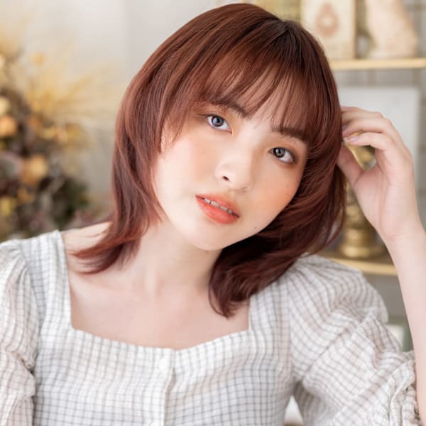 暖色系カラーひし形ミディ小顔ハッシュカット シャギーボブ