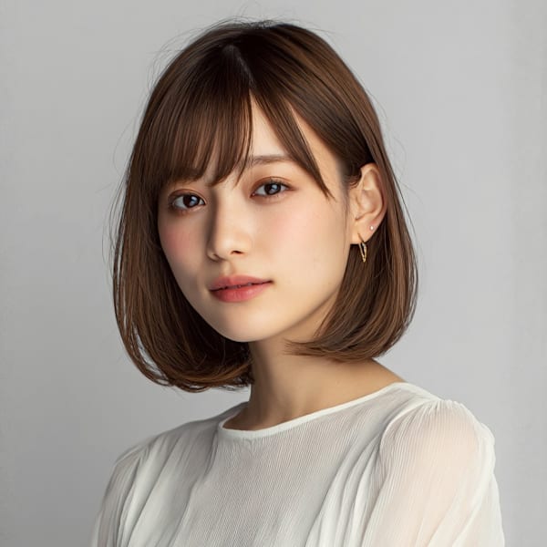 アッシュブラウン 丸みボブ 前髪カット 20代30代 艶髪|Beautissimo 川越
