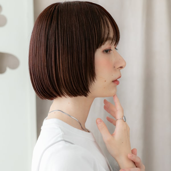 ワインレッド姫カット切りっぱなし小顔ショートボブ30代40代|COVER HAIR bliss【カバーヘア ブリス】志木/志木南口駅前店