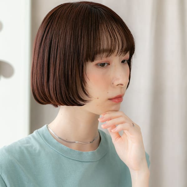 シースルーバングワインレッド小顔切りっぱなしボブ30代40代|mod's hair【モッズヘア】上尾/上尾西口店