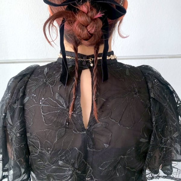 ヘアセット 編み込み お団子 リボンアレンジ 結婚式アレンジ