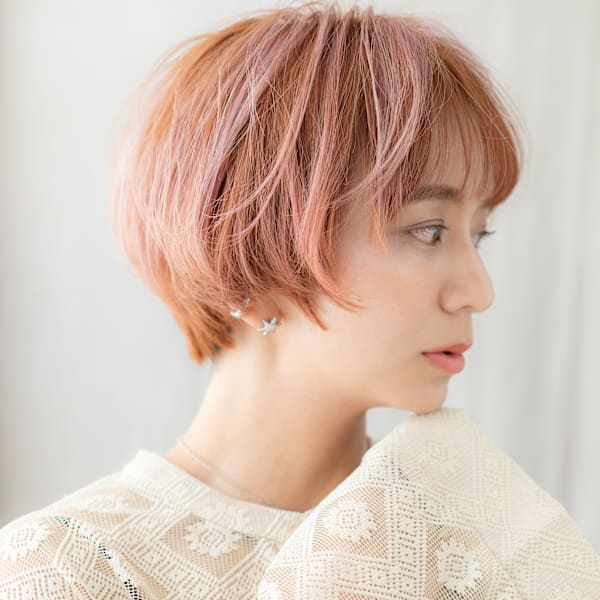 透明感ペールオレンジひし形小顔マッシュショート20代30代
