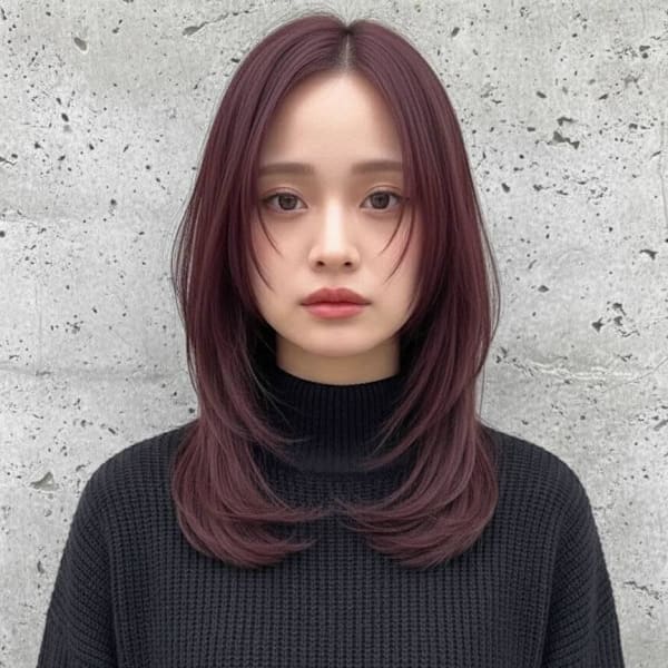 小顔暗めボルドー色艶ミディアム顔周り人気レイヤーカット韓国風