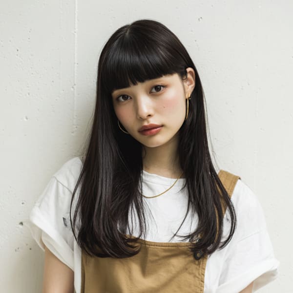 黒髪ぱっつん前髪　ロングスタイル 