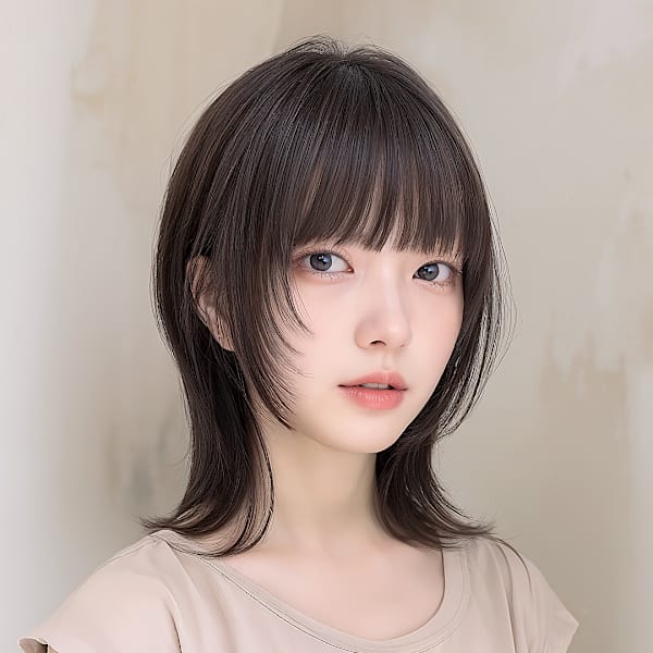 「黒髪×ぱっつん前髪×顔まわりレイヤー×外ハネボブ」　