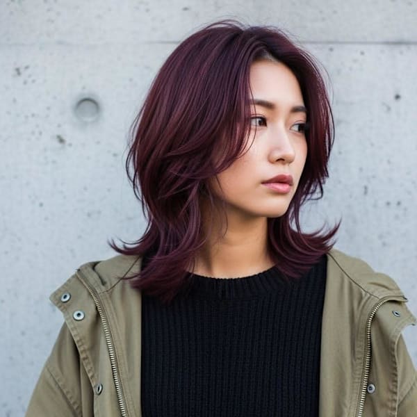 チェリーレッド/バーガンディ/ハイレイヤーカット/シャギー