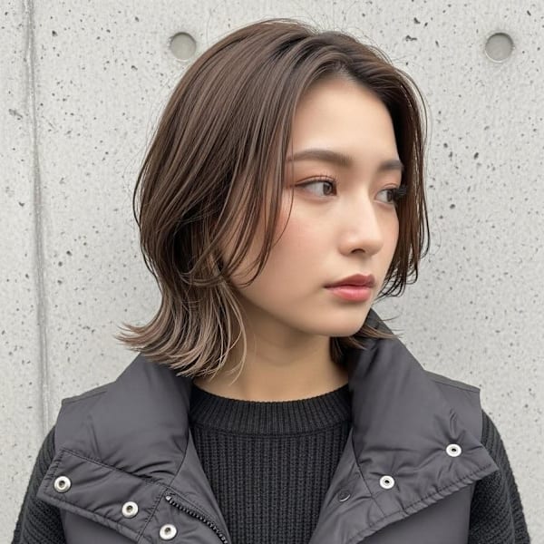 レイヤーショート/くびれカット/シャギー/グレーブラウン