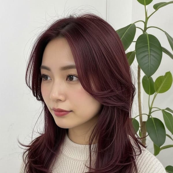 チェリーレッド/バーガンディ/バタフライカット/シャギー