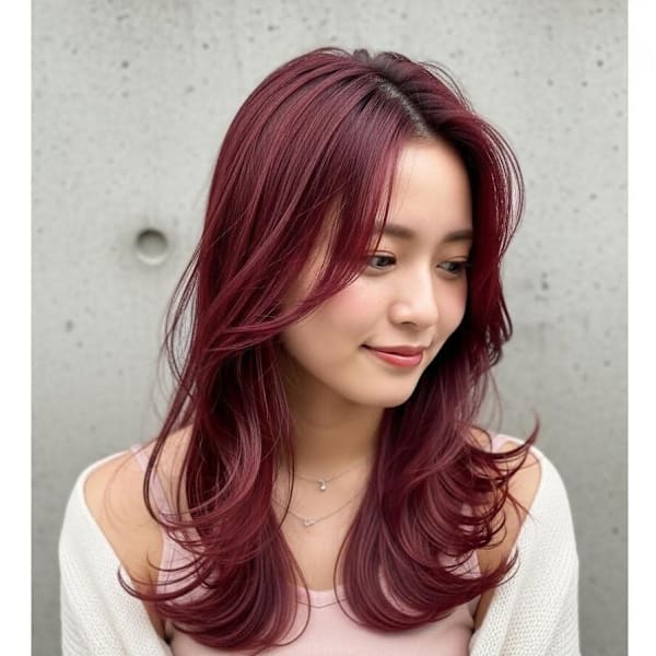 チェリーレッド/バーガンディ/エアウェーブパーマ/くびれ巻き