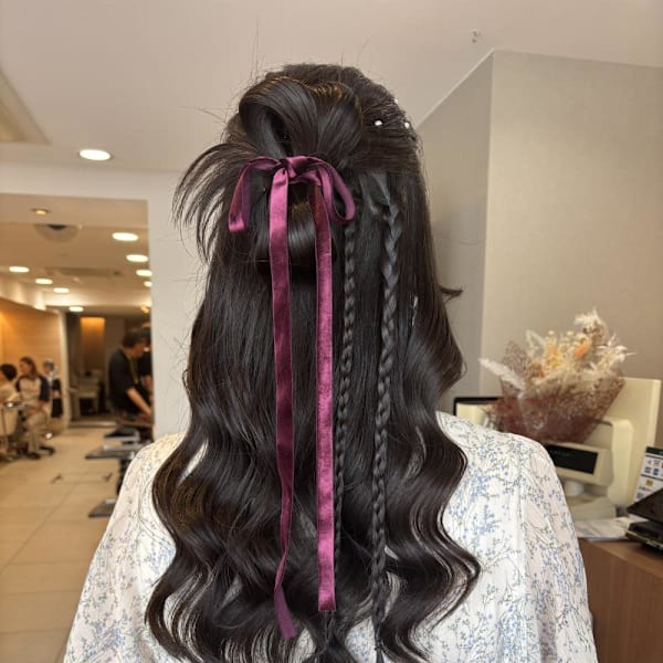 カチモリハーフアップヘアアレンジリボンアレンジ