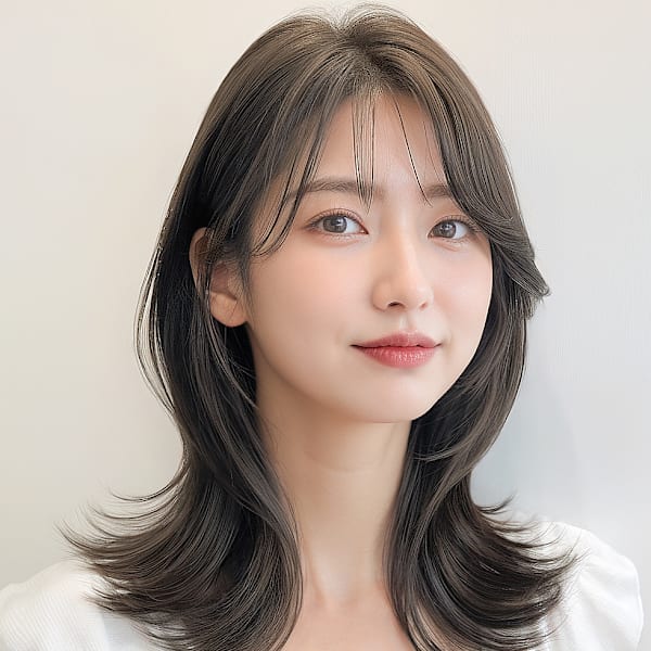 オリーブアッシュかきあげバングくびれミディp1グレーブラウン