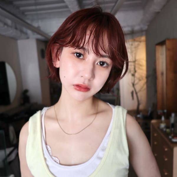 ピンクブラウンレイヤーボブ艶髪暖色カラー髪質改善