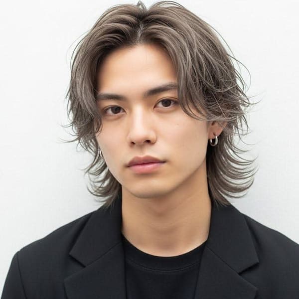 【メンズ】アッシュグレー×外ハネロング