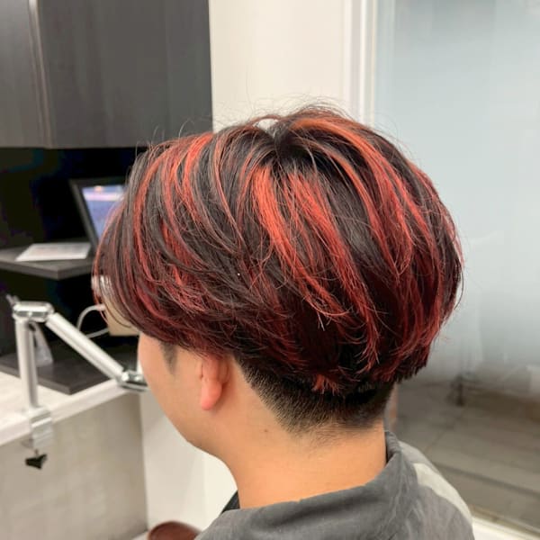 センターパート  ニュアンスパーマ フェザーパーマ 赤メッシ|MEN'S SALON SOLEIL by alfRed