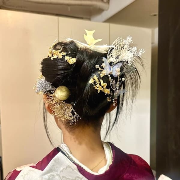 和装　成人式　リボンアップヘアースタイル