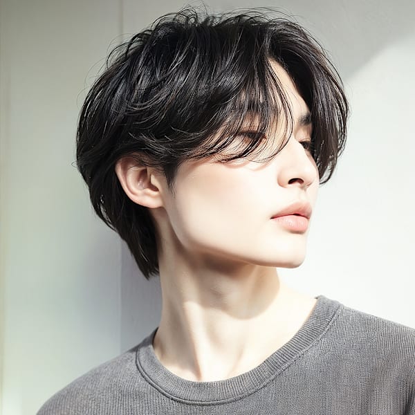 チャコールグレーショートセンターパートp1　毛流れパーマ